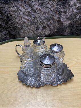 Vintage Cut Glass Cruet and Shaker Set with Silver-Tone Tray - Clear